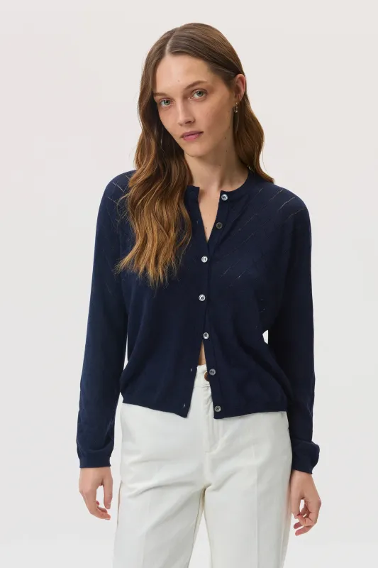 Superfine Merino Dark Navy Pointelle Argyle Cardigan sold by Johnstons of Elgin