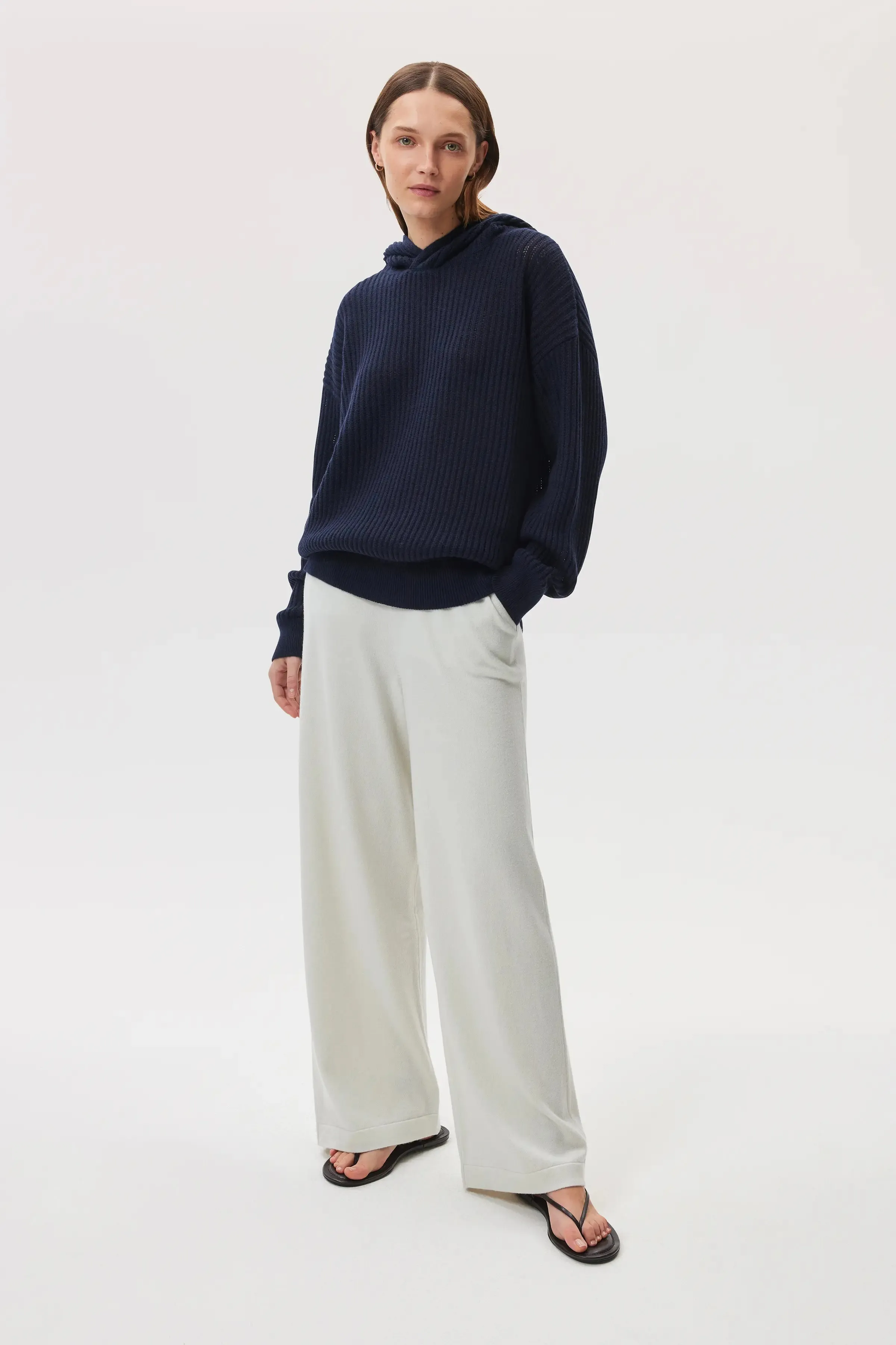 Mesh Rib Cashmere Dark Navy Hoodie sold by Johnstons of Elgin