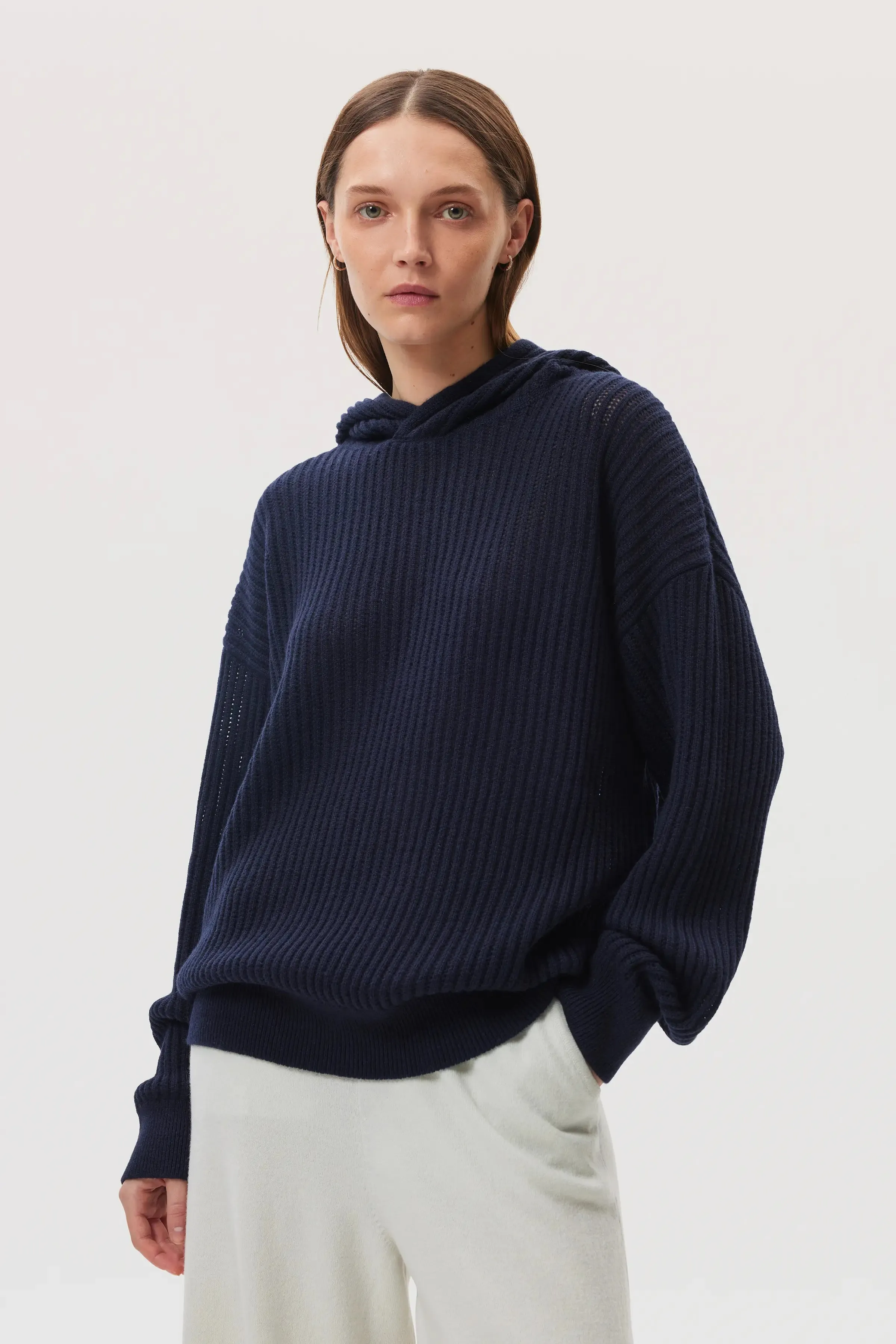 Mesh Rib Cashmere Dark Navy Hoodie sold by Johnstons of Elgin product image thumbnail 2