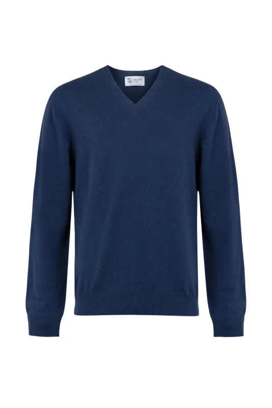 Mid Blue Cashmere V Neck Jumper sold by Johnstons of Elgin