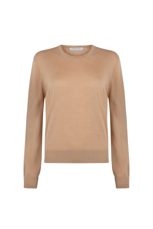 Superfine Merino Round Neck Camel Jumper sold by Johnstons of Elgin