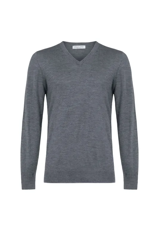 Superfine Cashmere Mid Grey V Neck Jumper sold by Johnstons of Elgin