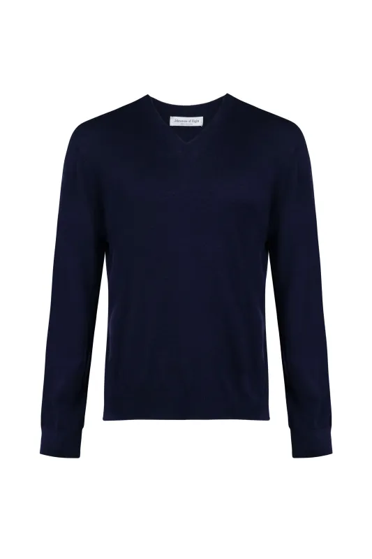 Superfine Merino V Neck Navy Jumper made by Johnstons of Elgin