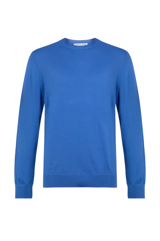 Merino Round Neck Blue Jumper sold by Johnstons of Elgin
