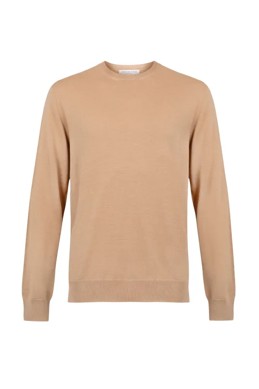 Merino Round Neck Camel Jumper sold by Johnstons of Elgin