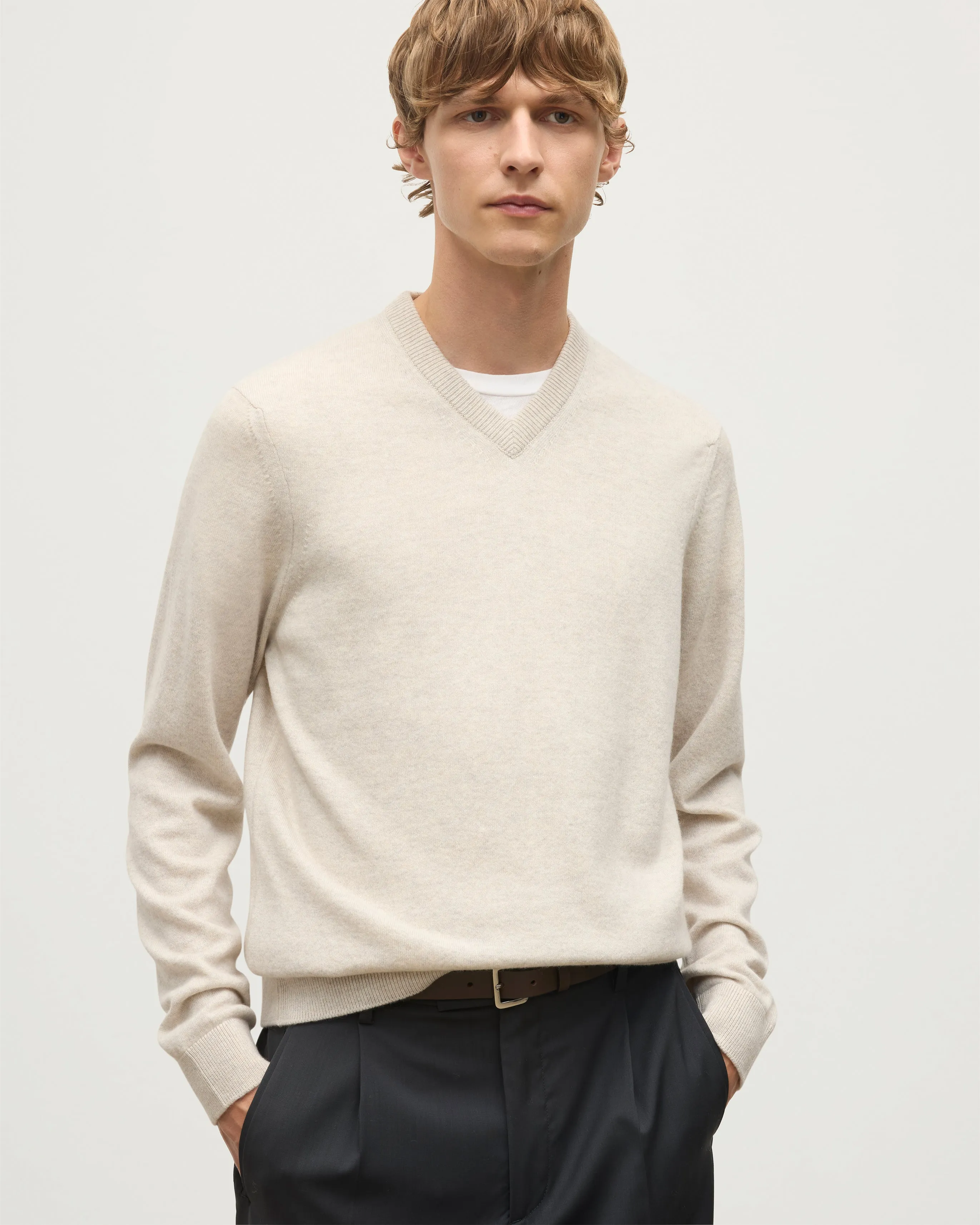 Rory Natural Classic Cashmere V-Neck Jumper sold by Johnstons of Elgin