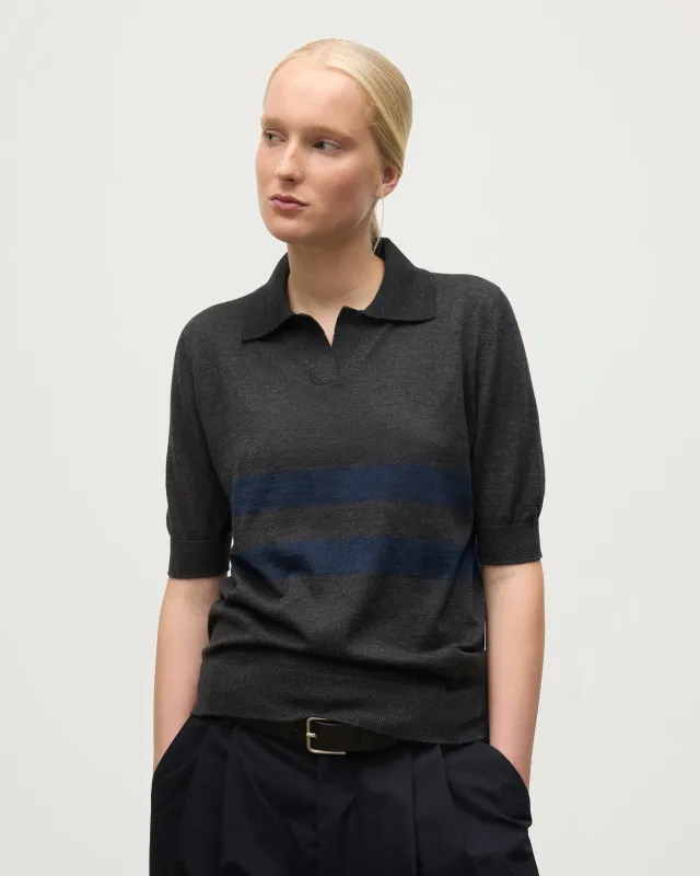 Coira Dark Grey & Navy Superfine Cashmere Polo Shirt sold by Johnstons of Elgin