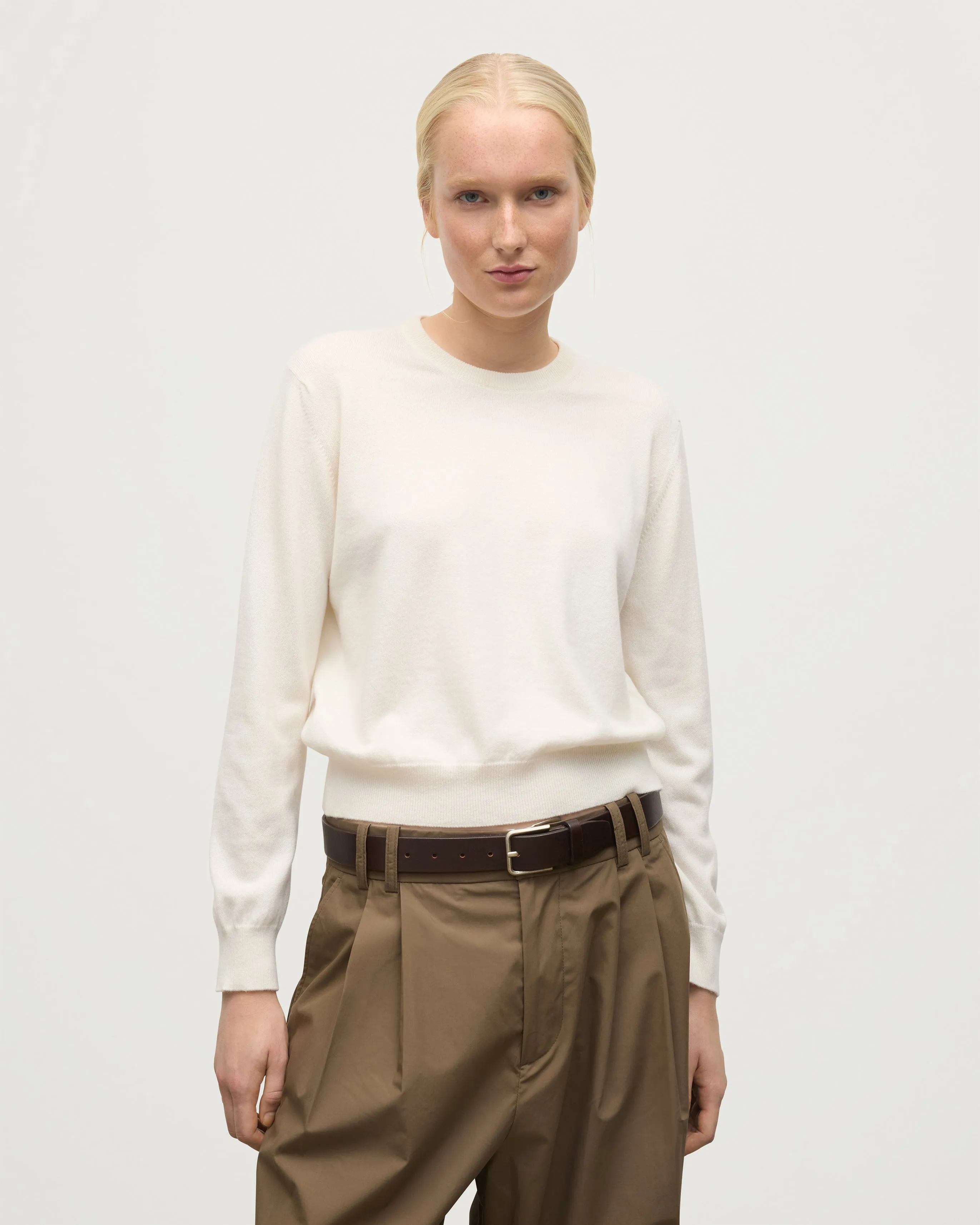 Lunan White Classic Cashmere Crew Jumper sold by Johnstons of Elgin