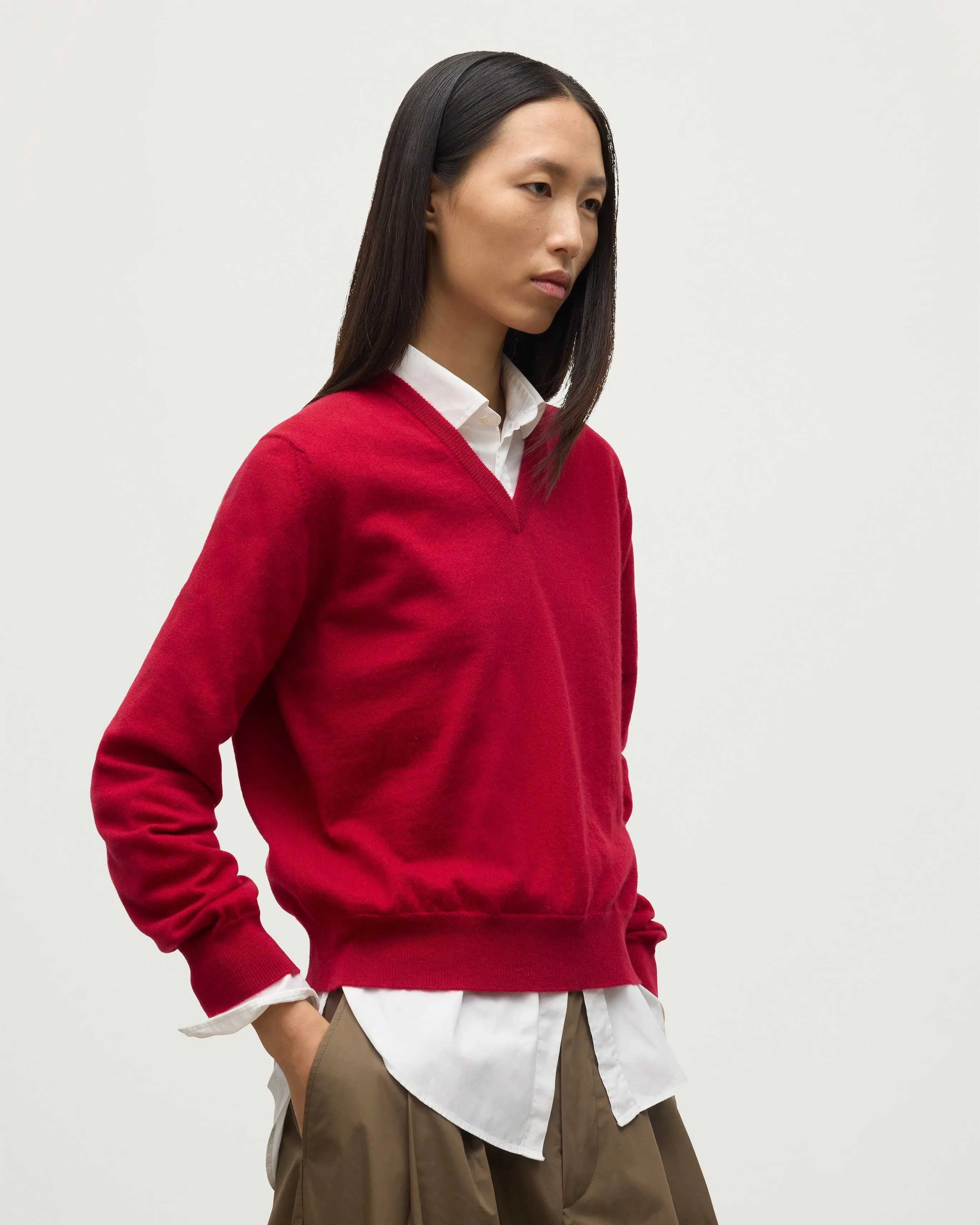 Lunan Red Classic Cashmere V Neck Jumper sold by Johnstons of Elgin