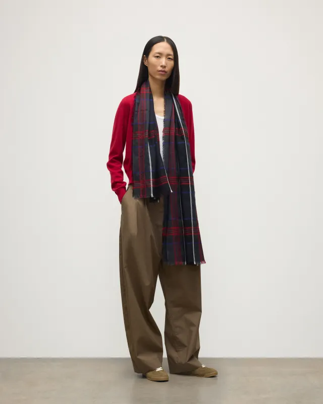 Orton Navy Crammed Tartan Cashmere Scarf sold by Johnstons of Elgin