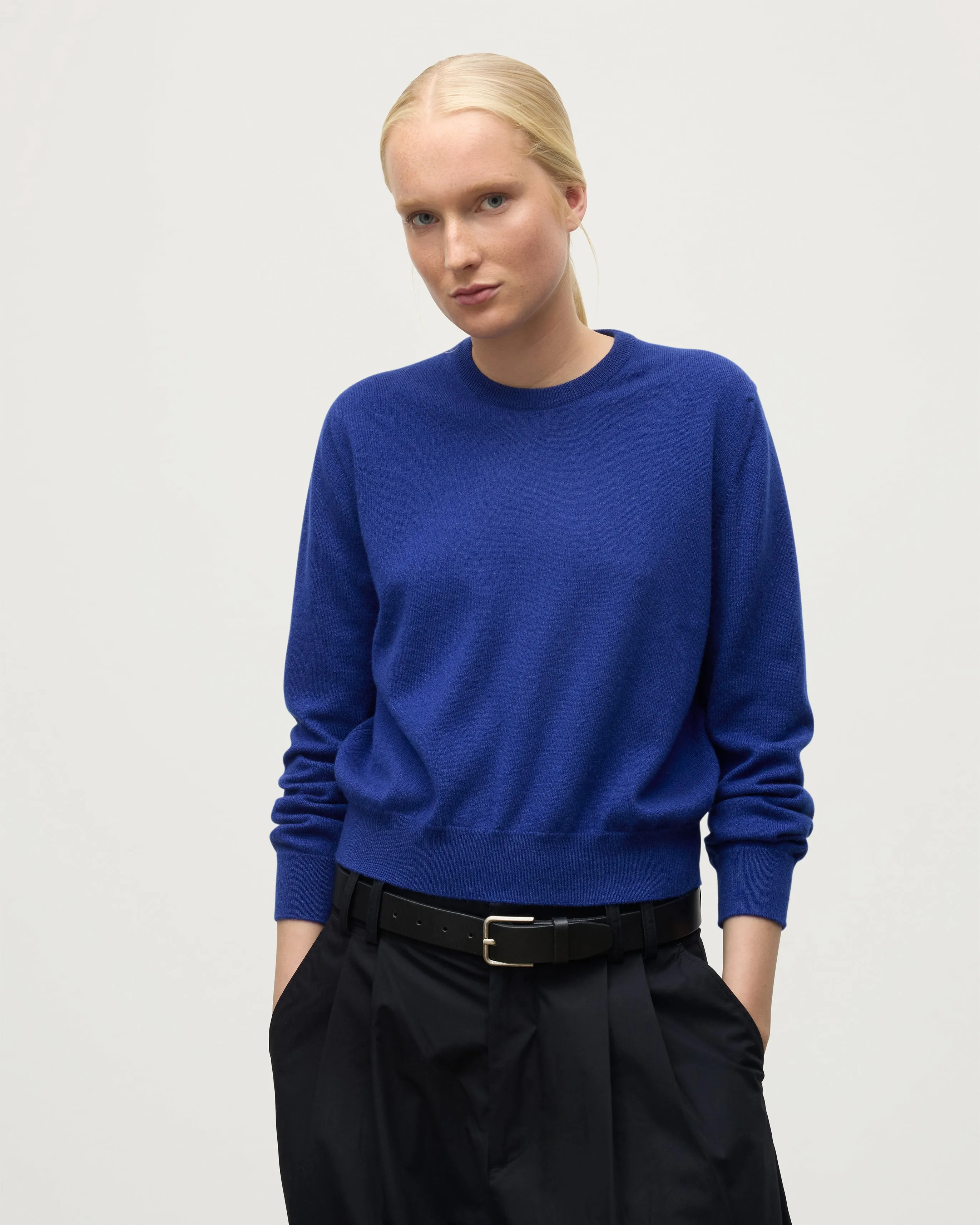 Lunan Blue Classic Cashmere Crew Jumper sold by Johnstons of Elgin