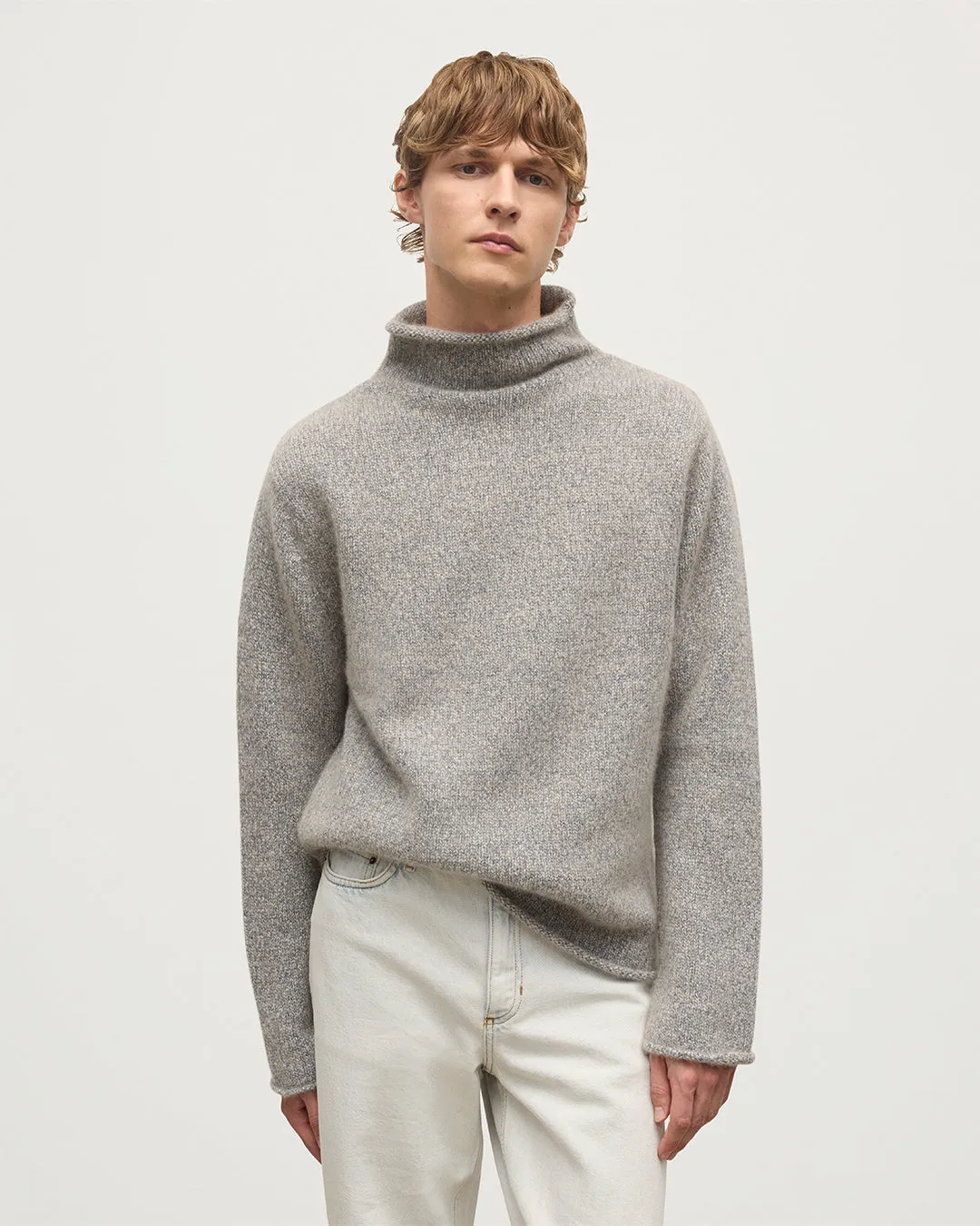 Kester Blue Marl Cashmere Funnel Neck Jumper sold by Johnstons of Elgin