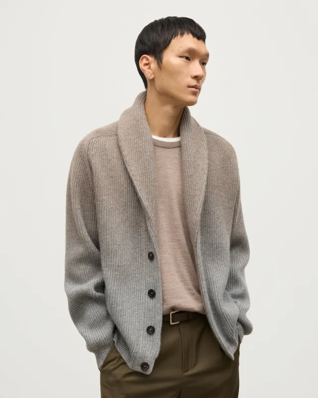 Pioneer Light Brown to Grey Shawl Collar Cashmere Cardigan sold by Johnstons of Elgin
