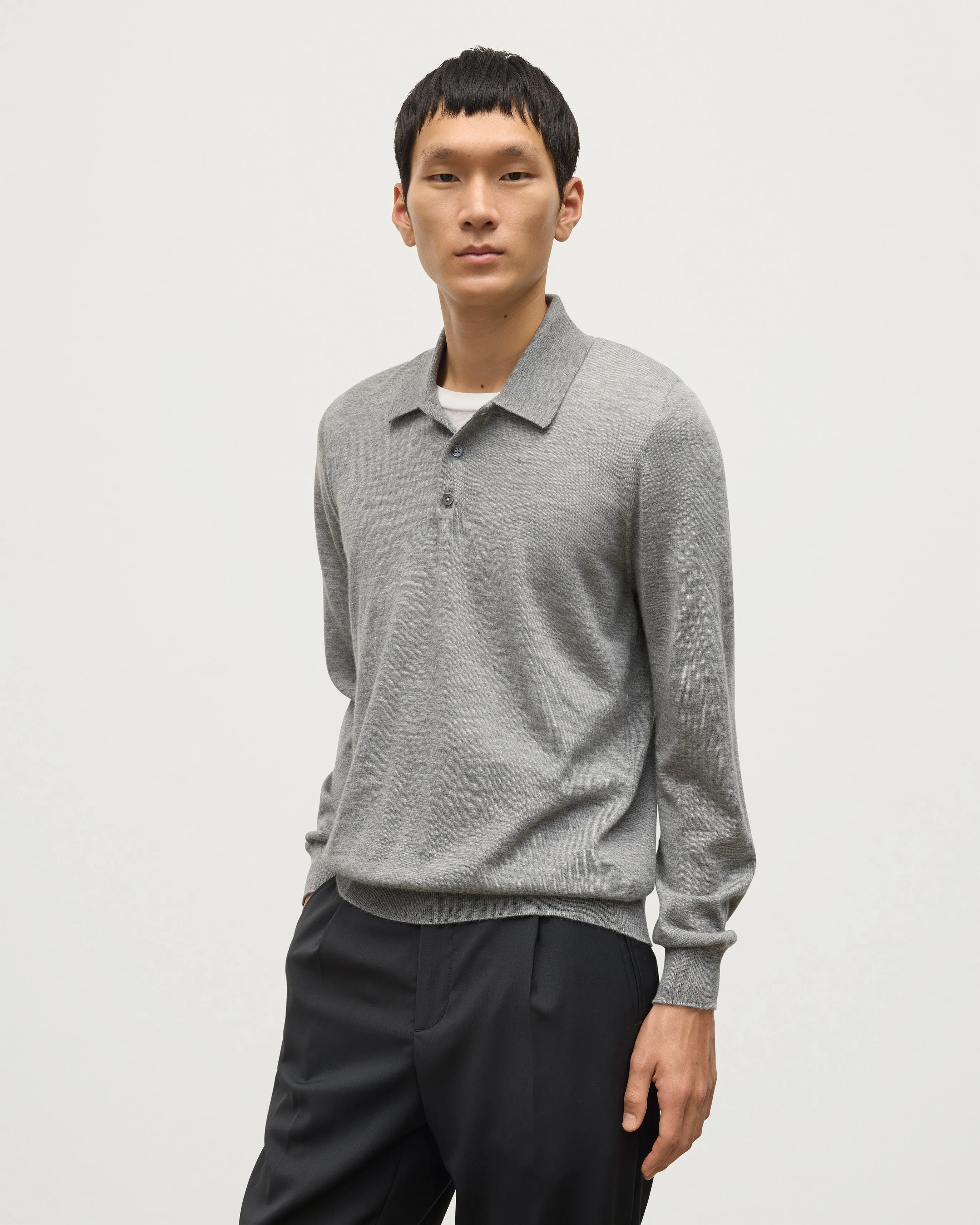 Fin Grey Superfine Cashmere Polo Shirt sold by Johnstons of Elgin