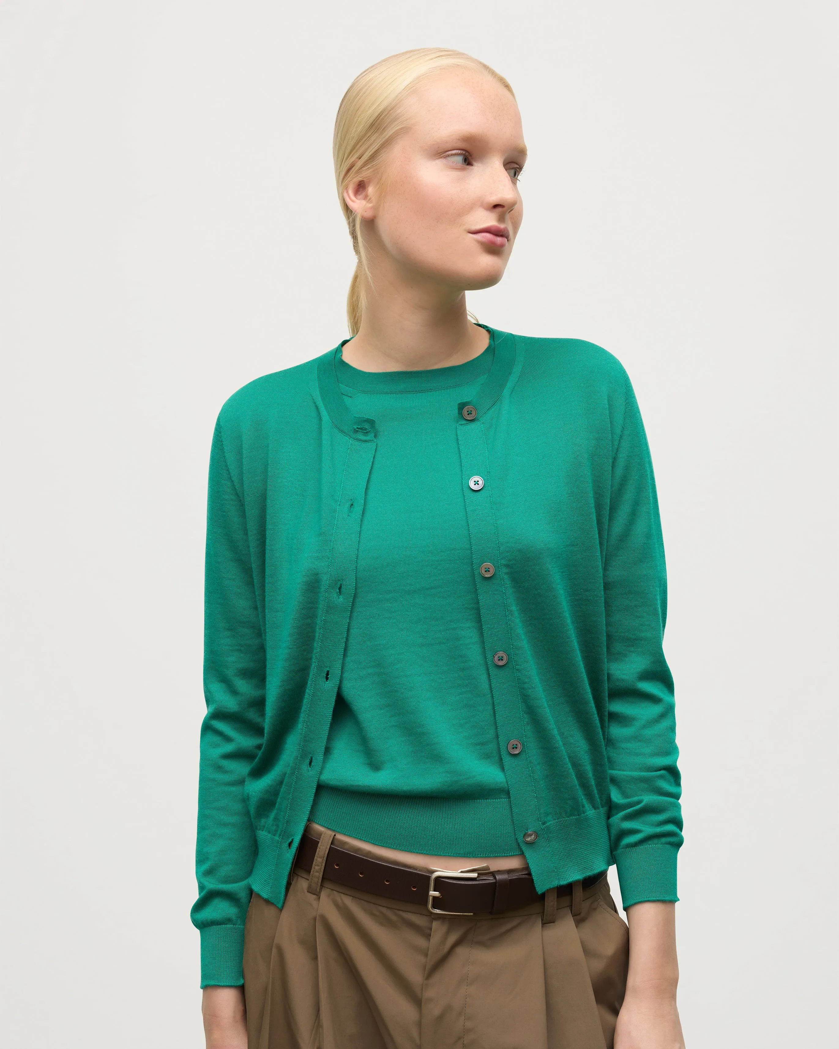 Honor Bright Green Superfine Cashmere Cardigan sold by Johnstons of Elgin