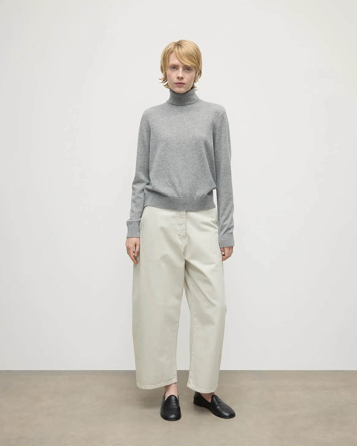 Classic Cashmere Light Grey Roll Neck Jumper sold by Johnstons of Elgin