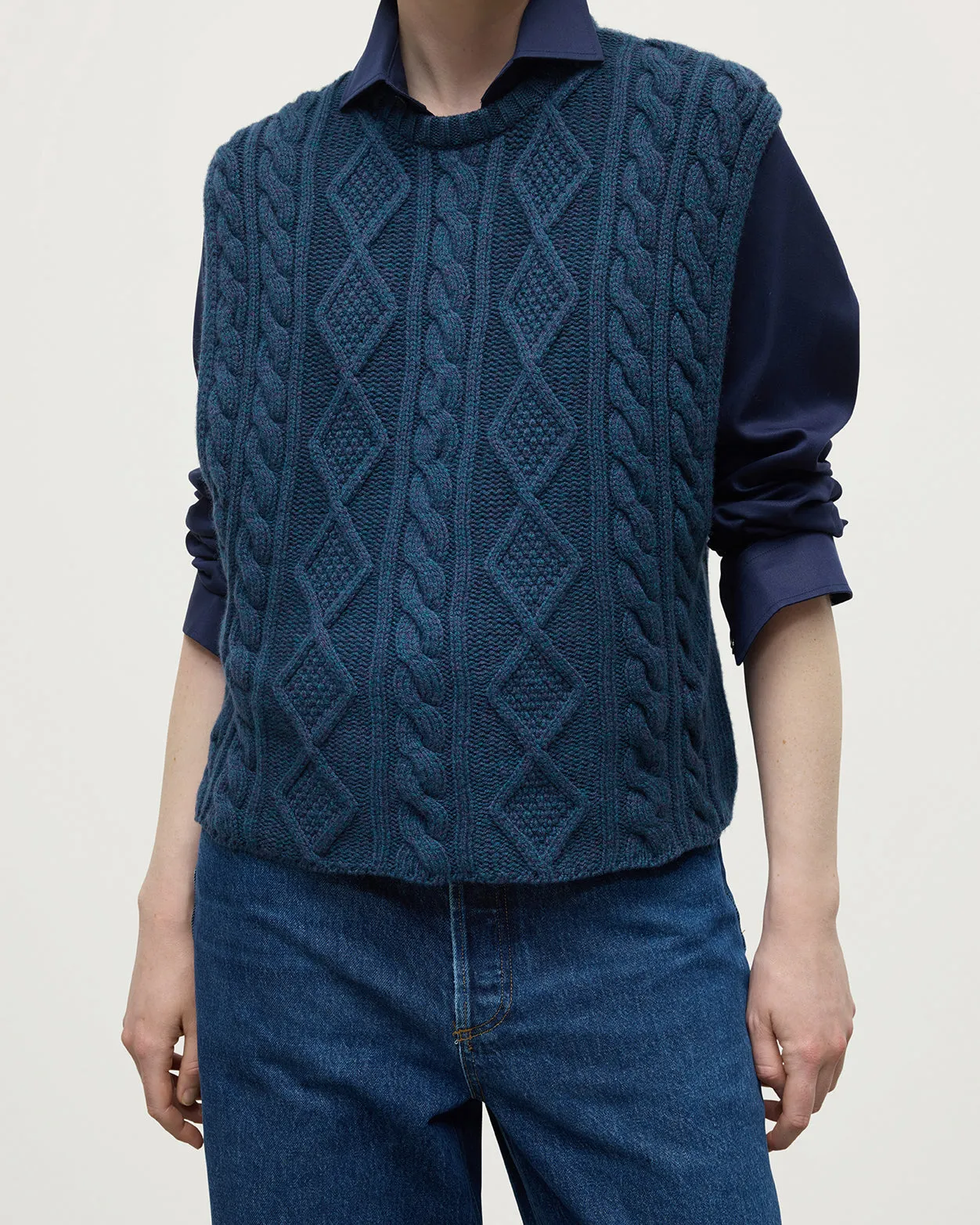 Aran Cable Navy Cashmere Tank sold by Johnstons of Elgin product image thumbnail 5