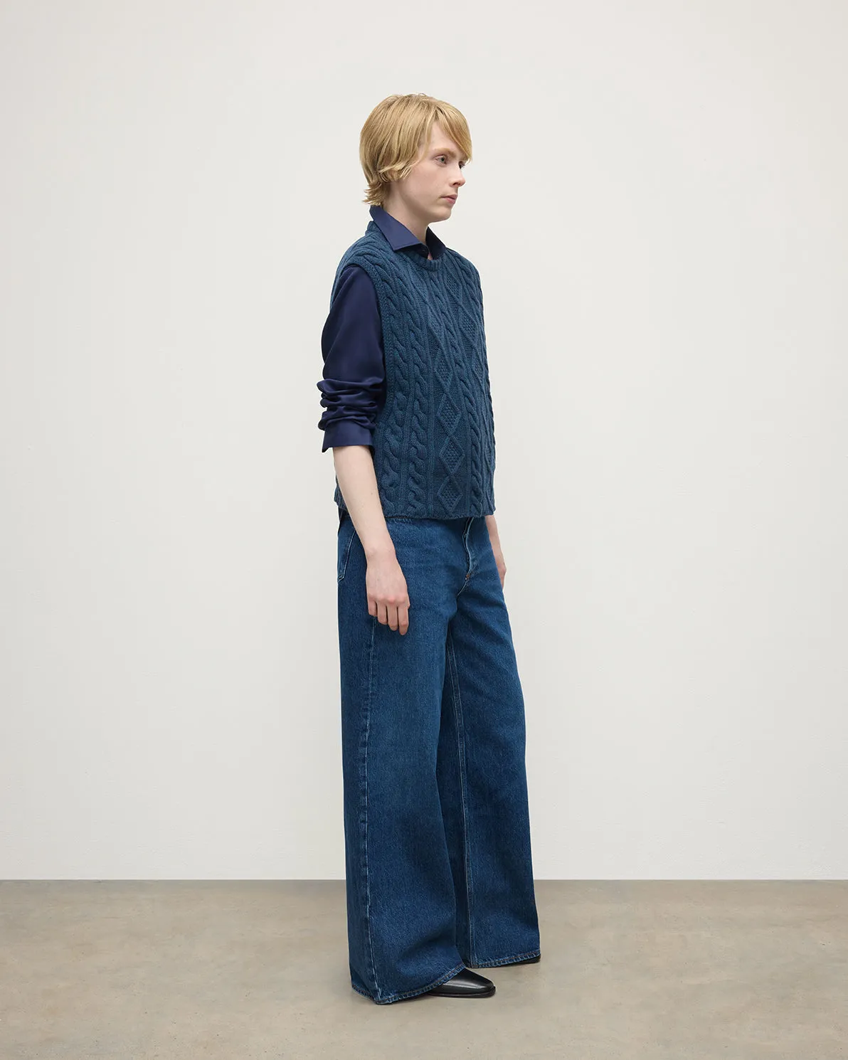 Aran Cable Navy Cashmere Tank sold by Johnstons of Elgin product image thumbnail 3