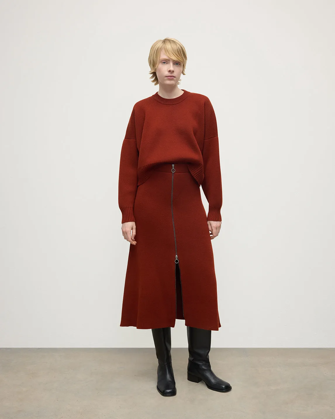 A-Line Milano Dark Red Cashmere Skirt sold by Johnstons of Elgin