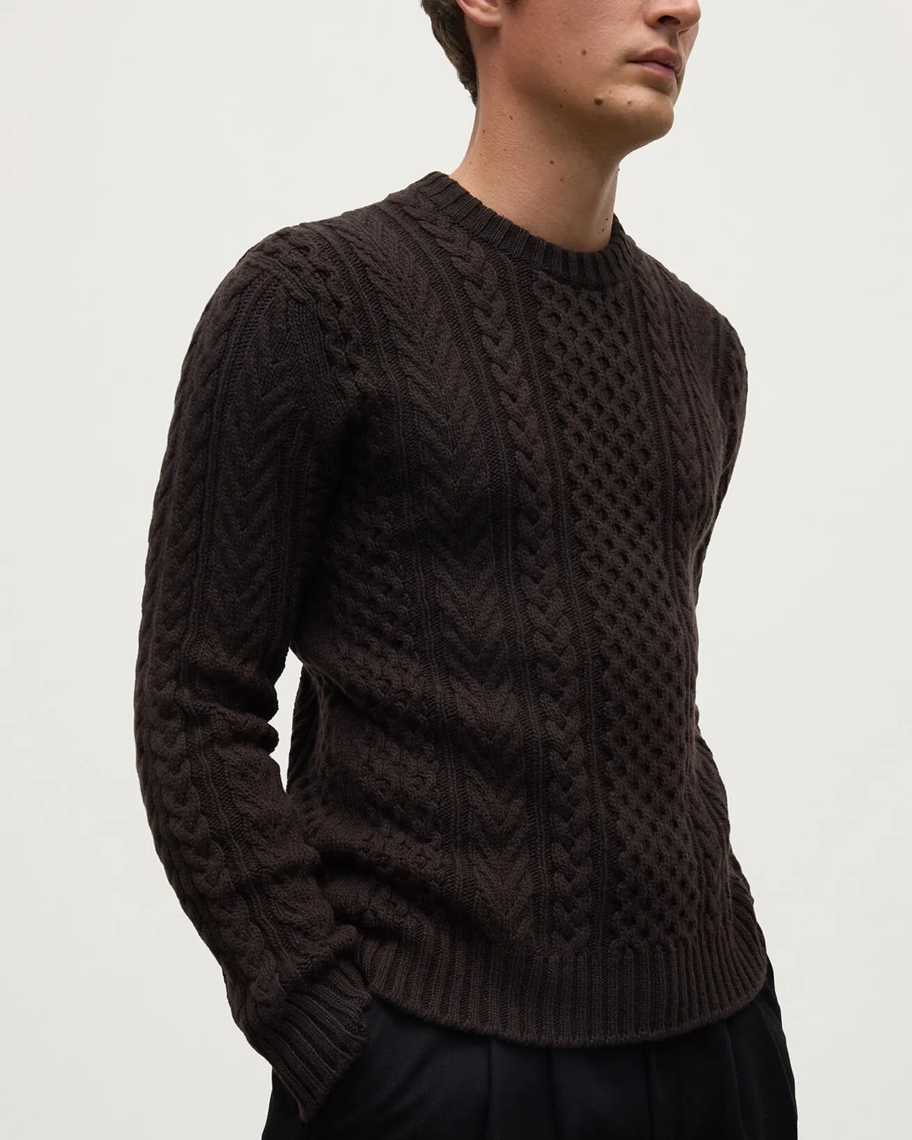 Aran Cable Dark Brown Cashmere Jumper sold by Johnstons of Elgin product image thumbnail 5