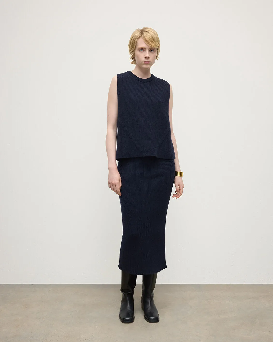 Sleeveless Dark Navy Cashmere Tank Top sold by Johnstons of Elgin