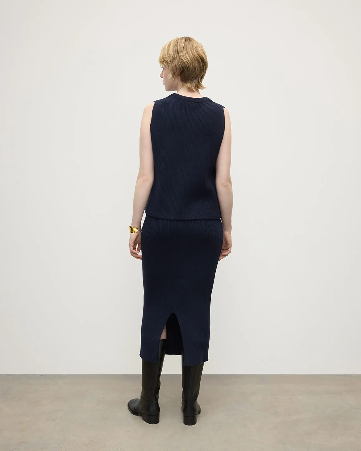 Sleeveless Dark Navy Cashmere Tank Top sold by Johnstons of Elgin product image thumbnail 4