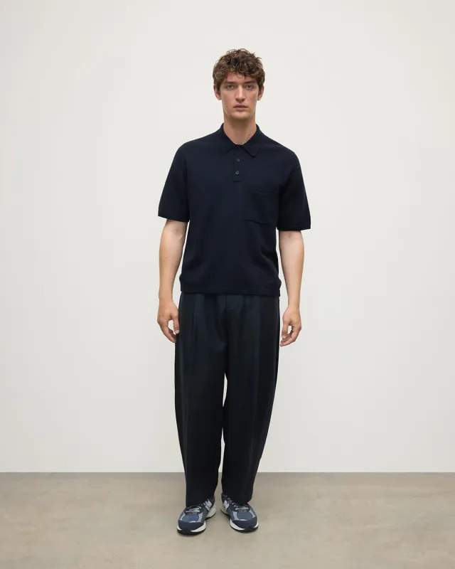 Superfine Merino Relaxed Dark Navy Polo Shirt sold by Johnstons of Elgin