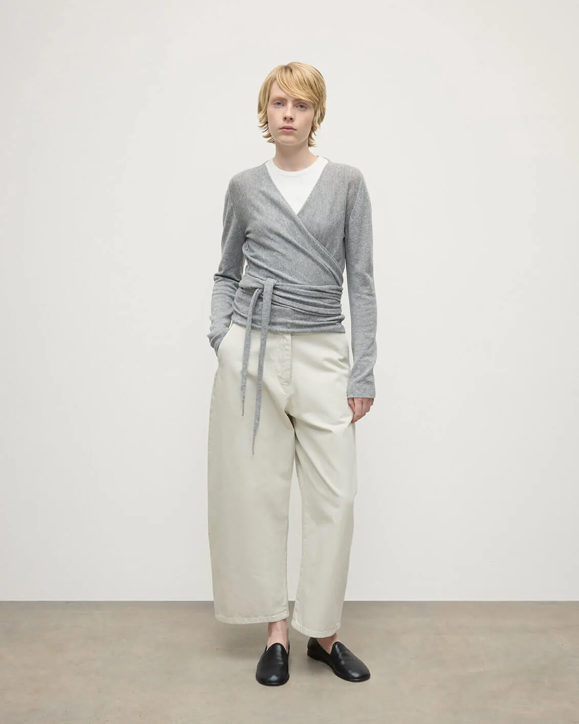 Ballet Wrap Light Grey Cashmere Cardigan sold by Johnstons of Elgin