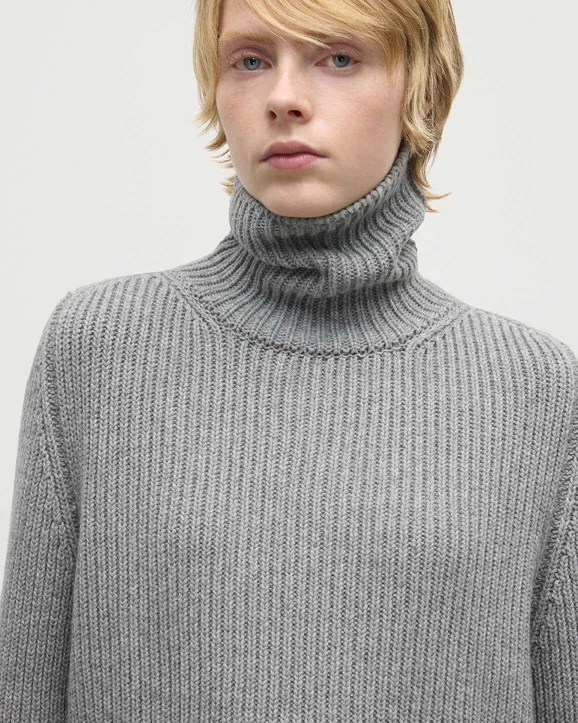Roll-Collar Light Grey Cashmere Jumper sold by Johnstons of Elgin product image thumbnail 5