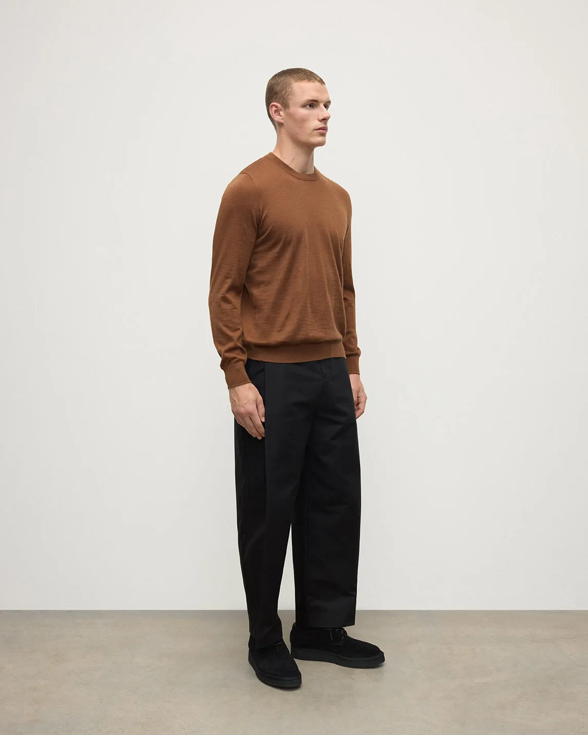Superfine Cashmere Dark Camel Round Neck Jumper sold by Johnstons of Elgin product image thumbnail 3