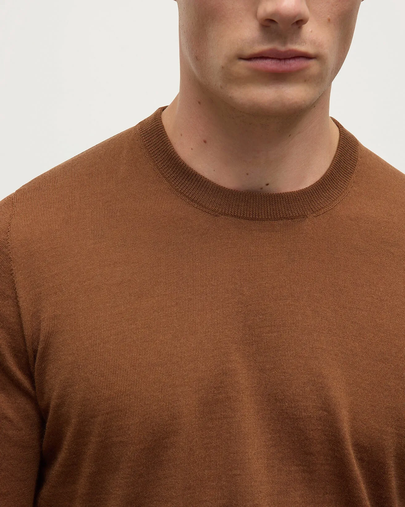 Superfine Cashmere Dark Camel Round Neck Jumper sold by Johnstons of Elgin product image thumbnail 5