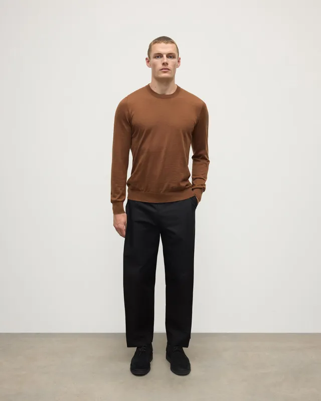 Superfine Cashmere Dark Camel Round Neck Jumper sold by Johnstons of Elgin