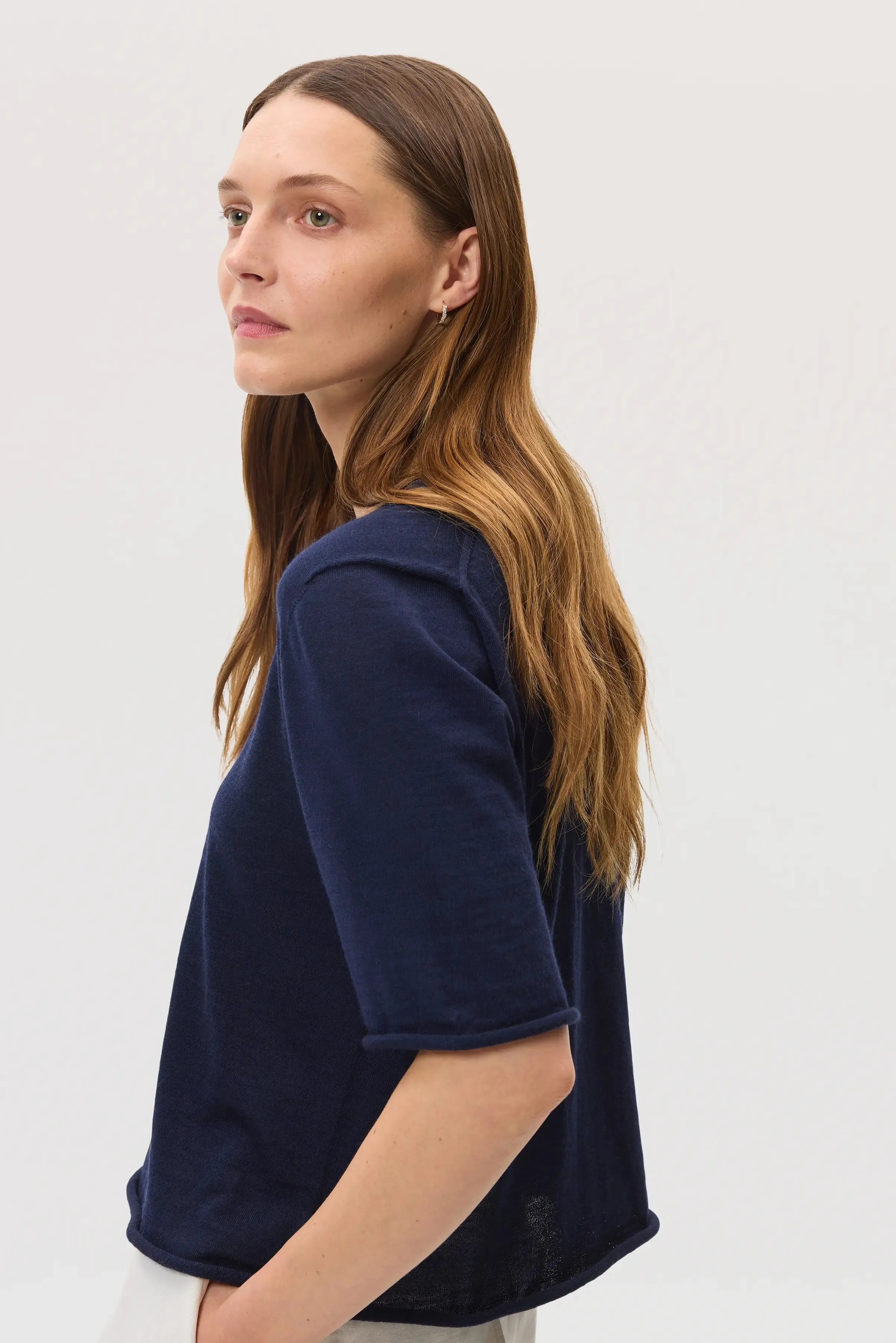 Superfine Merino Wool Dark Navy T-Shirt sold by Johnstons of Elgin product image thumbnail 3