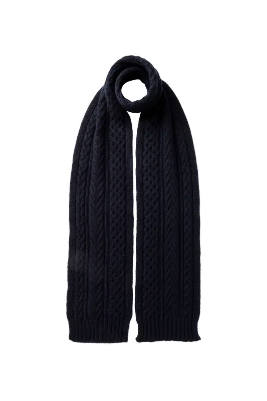 Aran Cable Dark Navy Cashmere Scarf sold by Johnstons of Elgin