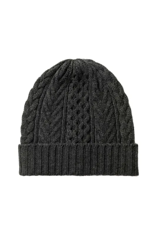 Aran Cable Dark Grey Cashmere Beanie sold by Johnstons of Elgin