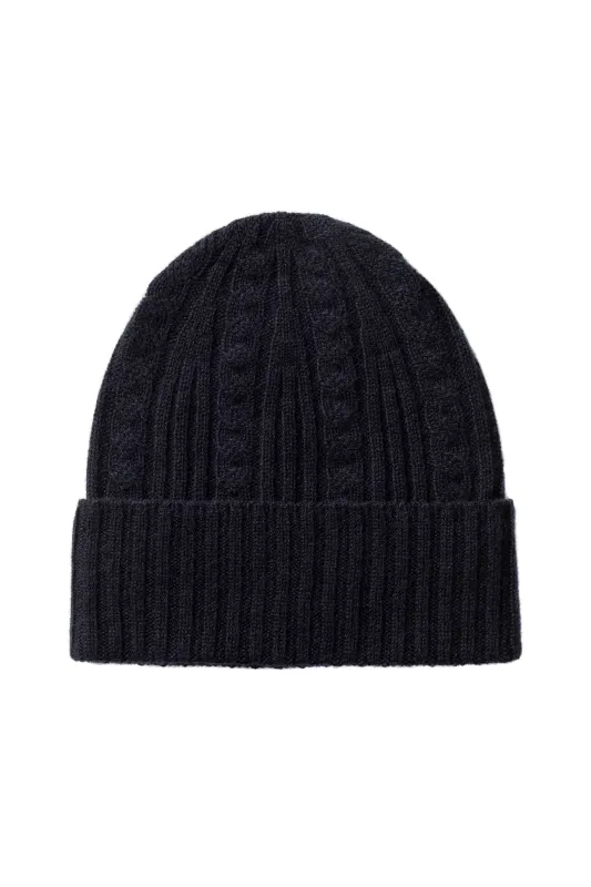 Cable & Rib Dark Navy Cashmere Beanie sold by Johnstons of Elgin