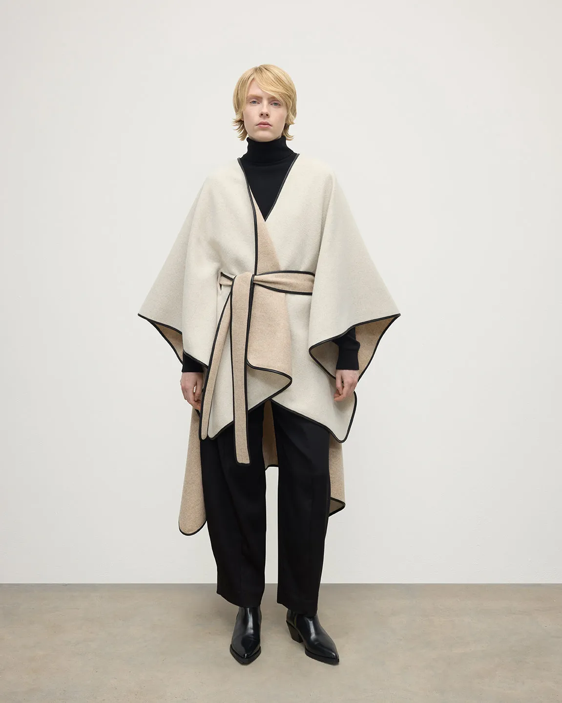 Cream Belted Cape with Leather Binding sold by Johnstons of Elgin