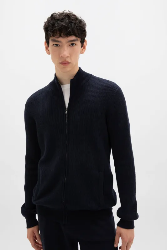 Ribbed Cashmere Dark Navy Cardigan sold by Johnstons of Elgin