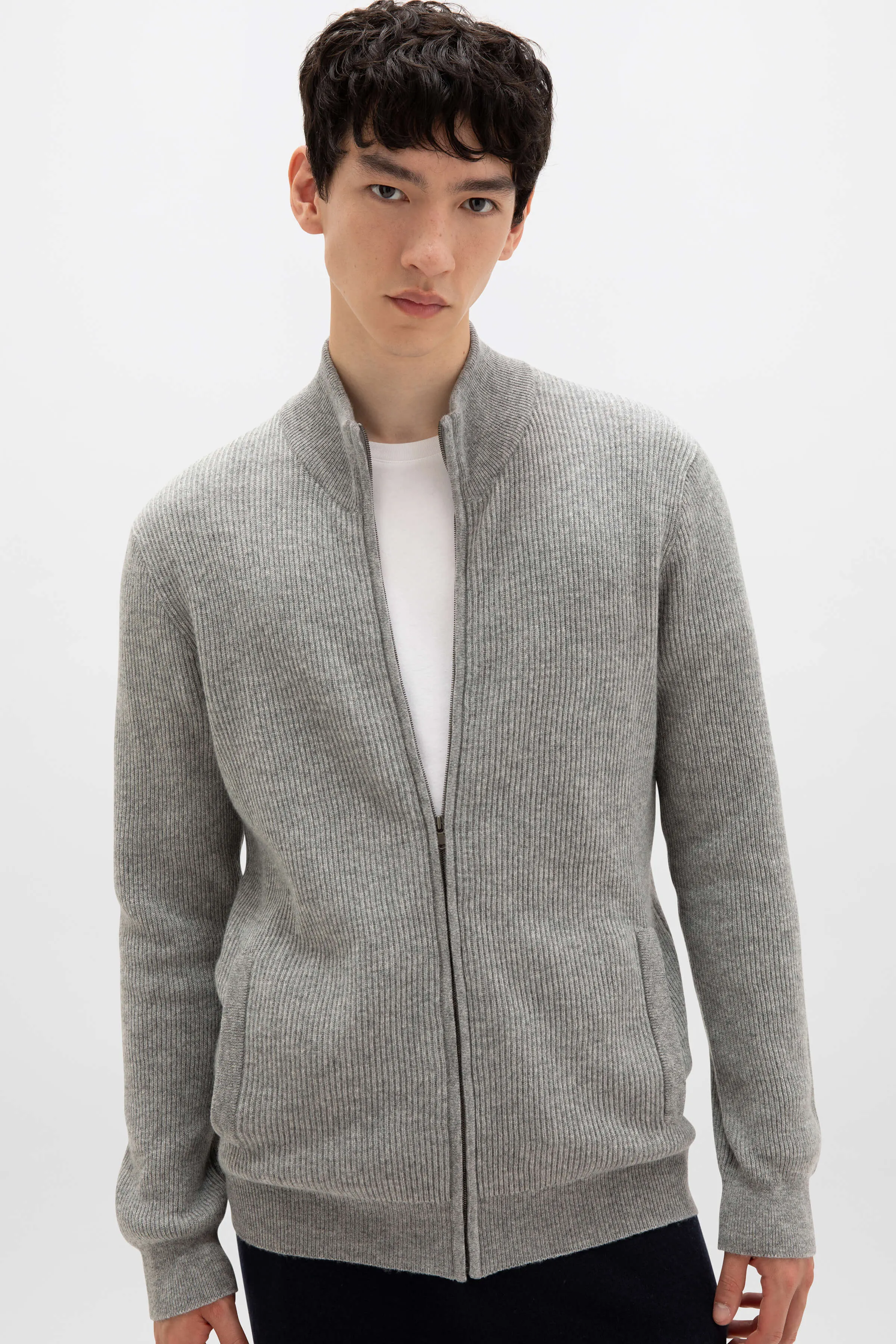 Ribbed Cashmere Light Grey Cardigan sold by Johnstons of Elgin