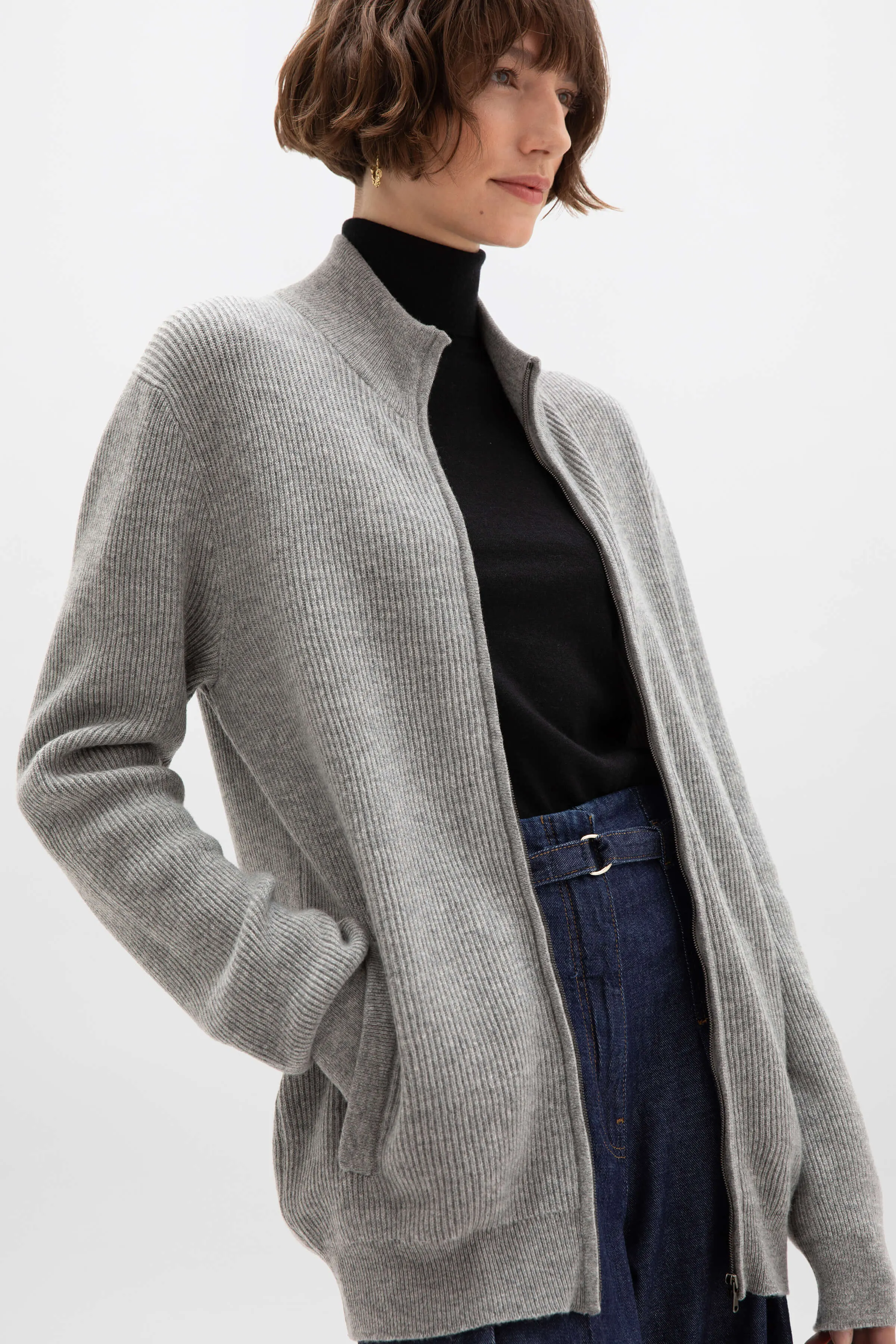 Ribbed Cashmere Light Grey Cardigan sold by Johnstons of Elgin product image thumbnail 3