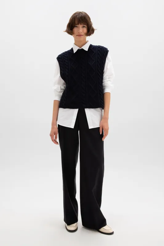 Aran Cable Knit Dark Navy Cashmere Tank sold by Johnstons of Elgin