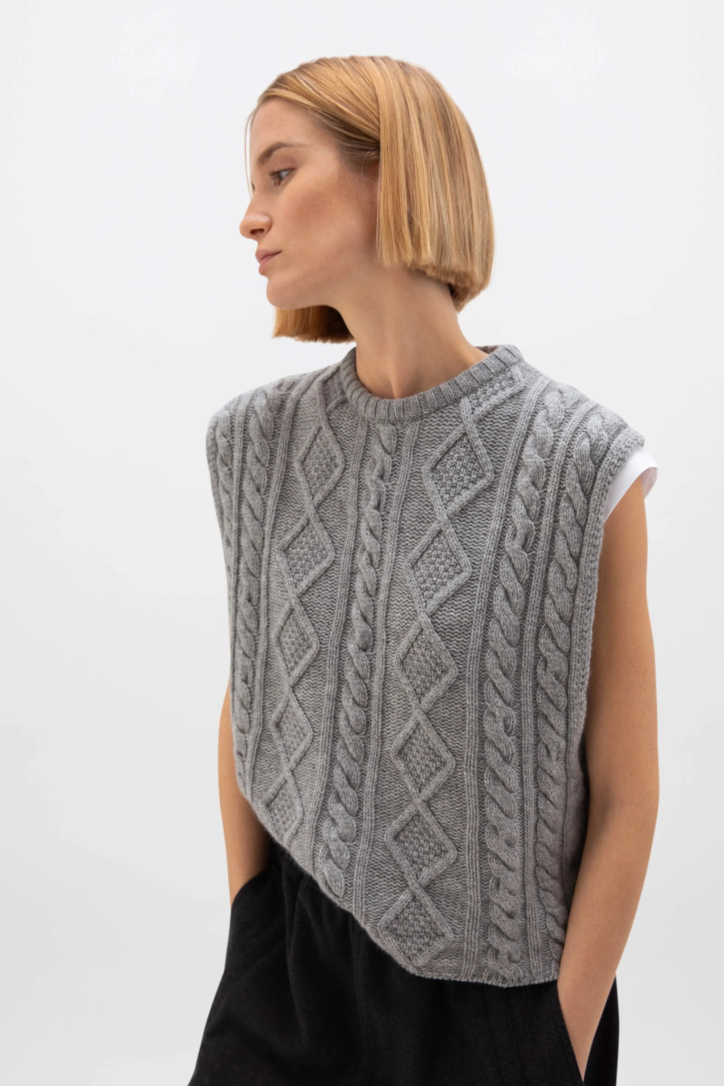 Oversized Aran Light Grey Cable Cashmere Tank sold by Johnstons of Elgin product image thumbnail 3