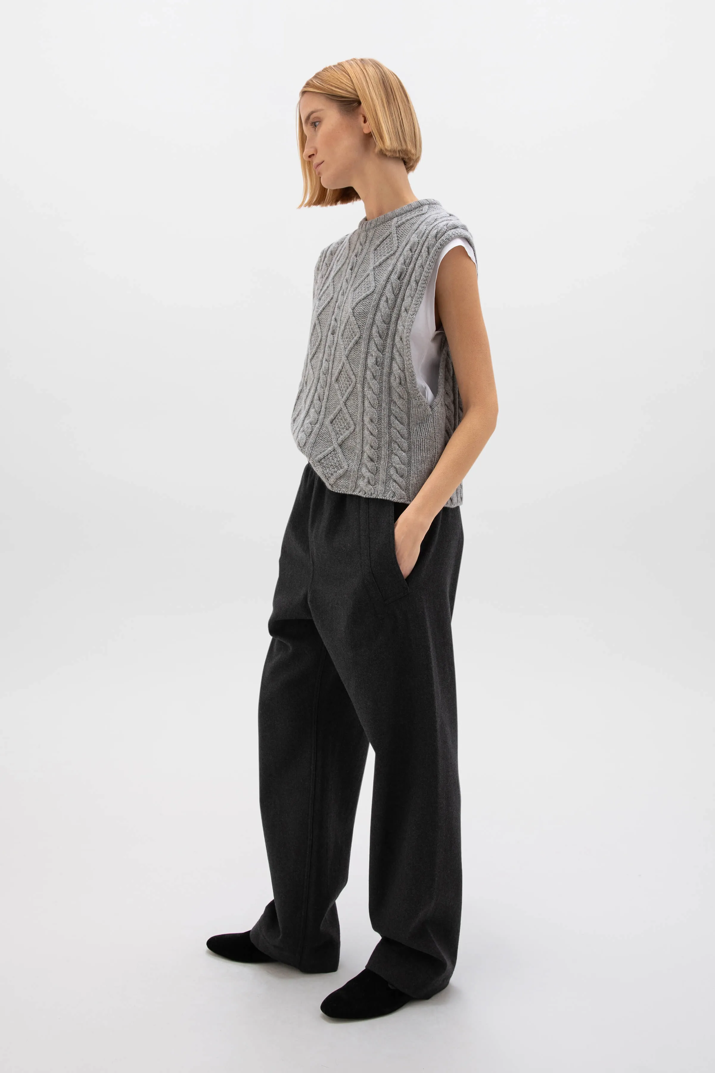 Oversized Aran Light Grey Cable Cashmere Tank sold by Johnstons of Elgin product image thumbnail 5