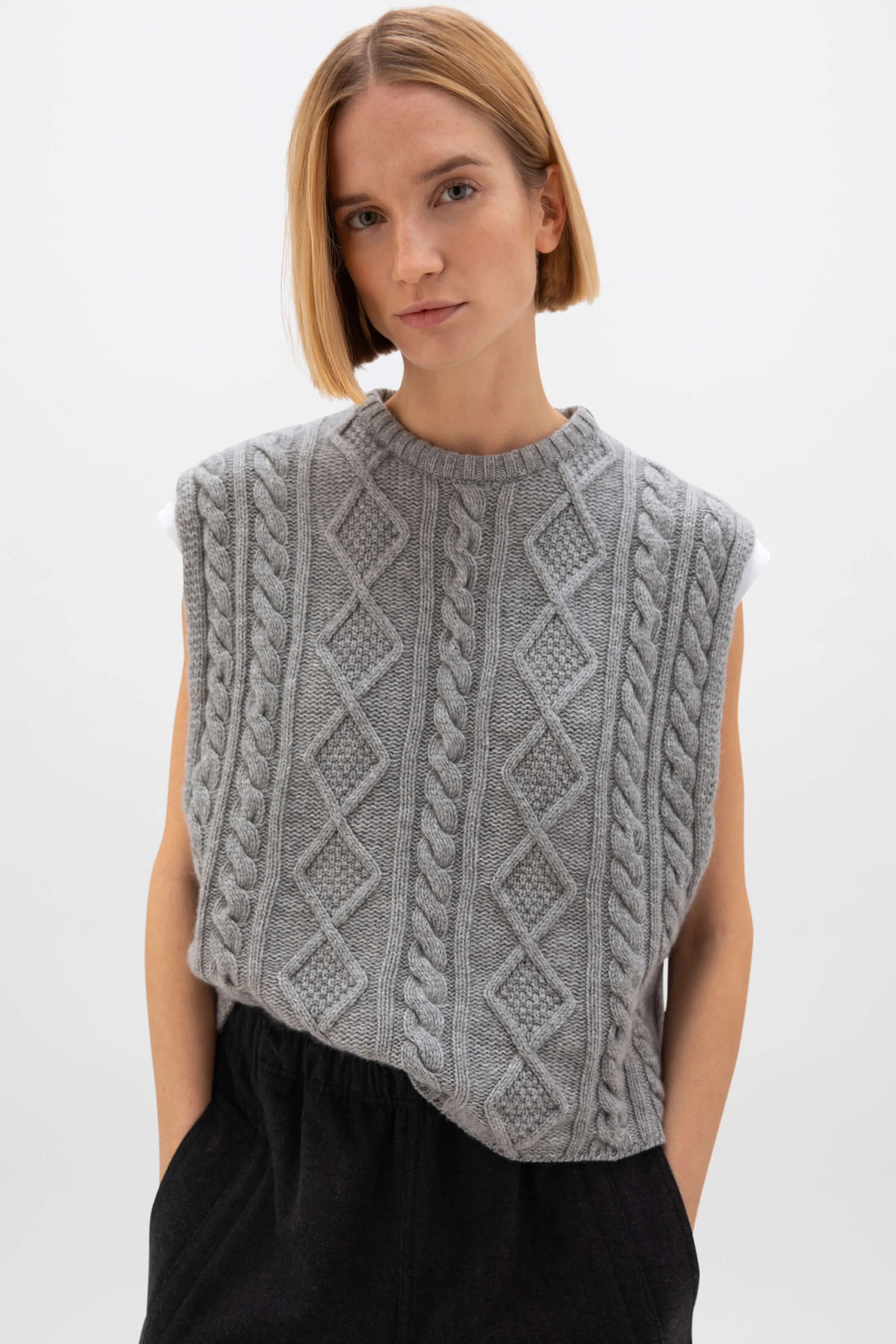 Oversized Aran Light Grey Cable Cashmere Tank sold by Johnstons of Elgin product image thumbnail 2