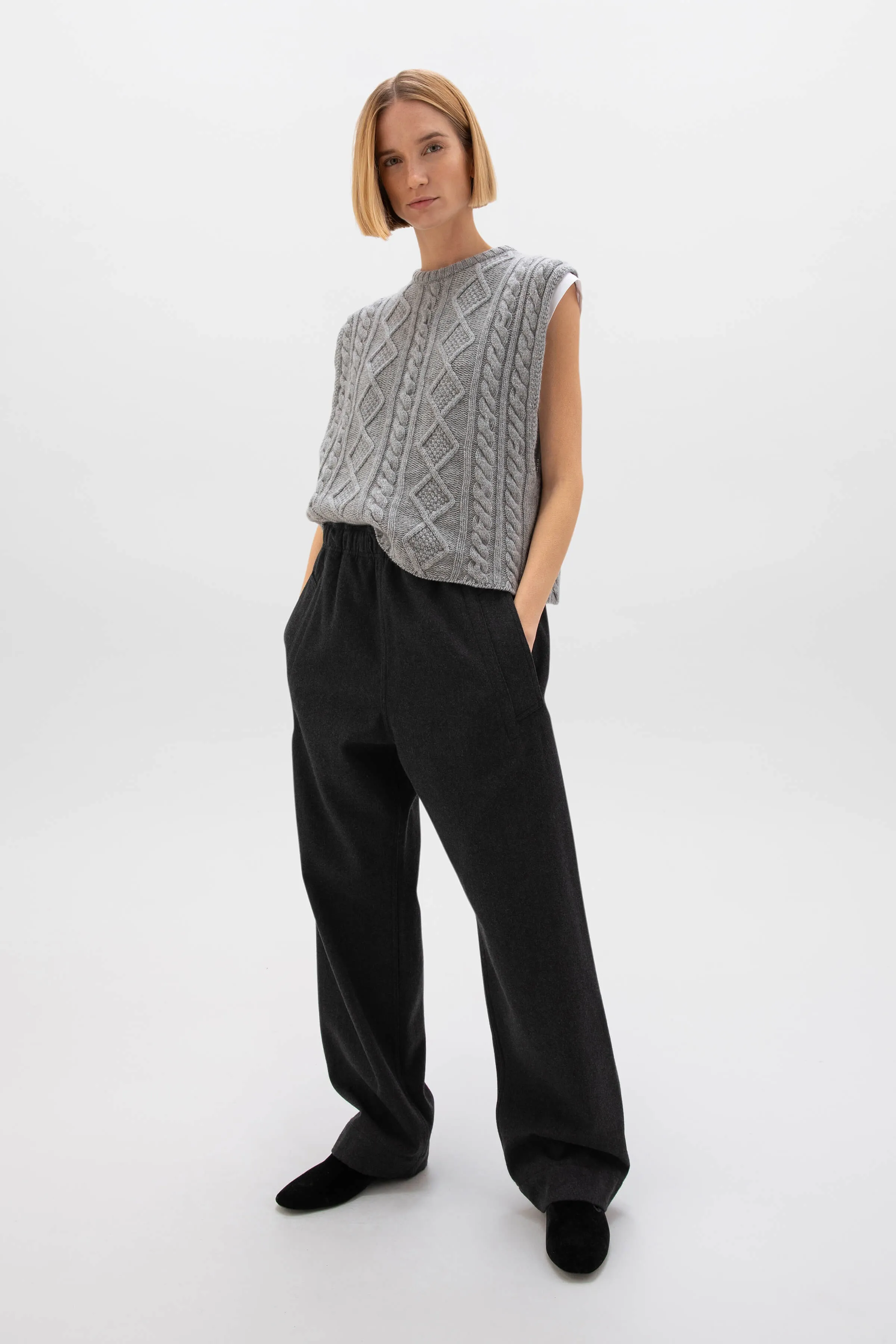 Oversized Aran Light Grey Cable Cashmere Tank sold by Johnstons of Elgin