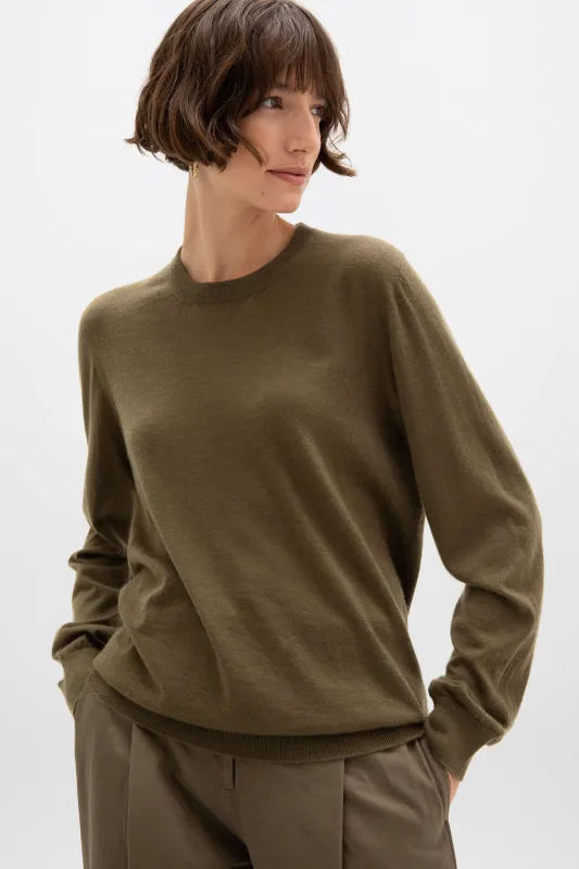 Superfine Cashmere Round Neck Olive Green Jumper sold by Johnstons of Elgin