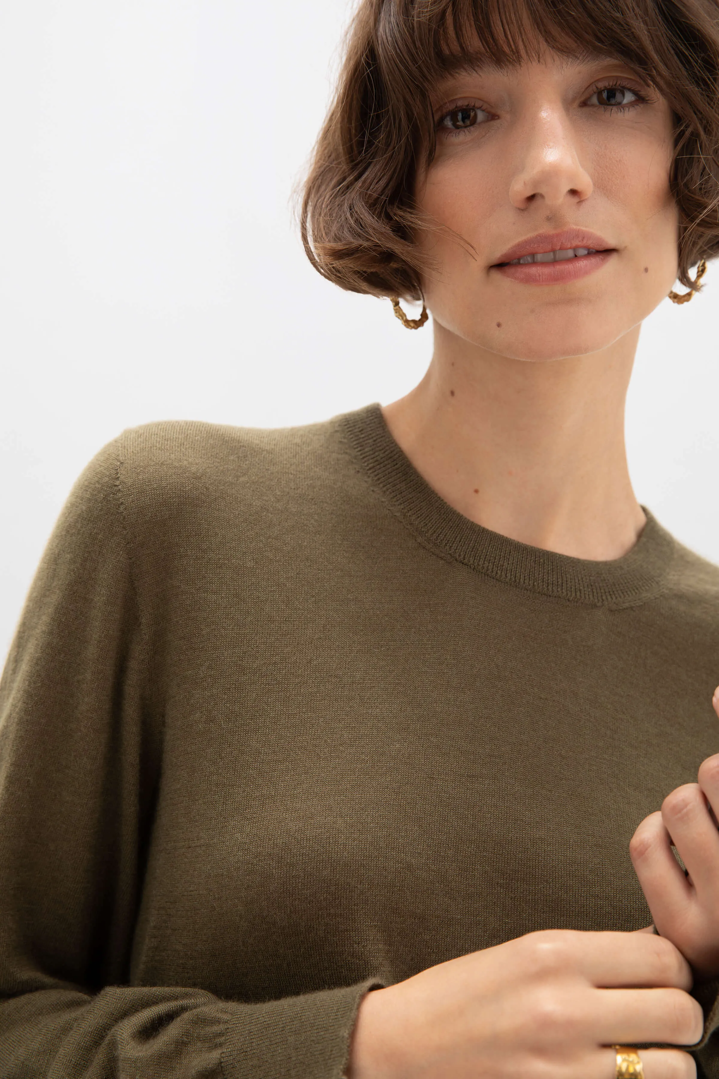 Superfine Cashmere Round Neck Olive Green Jumper sold by Johnstons of Elgin product image thumbnail 5