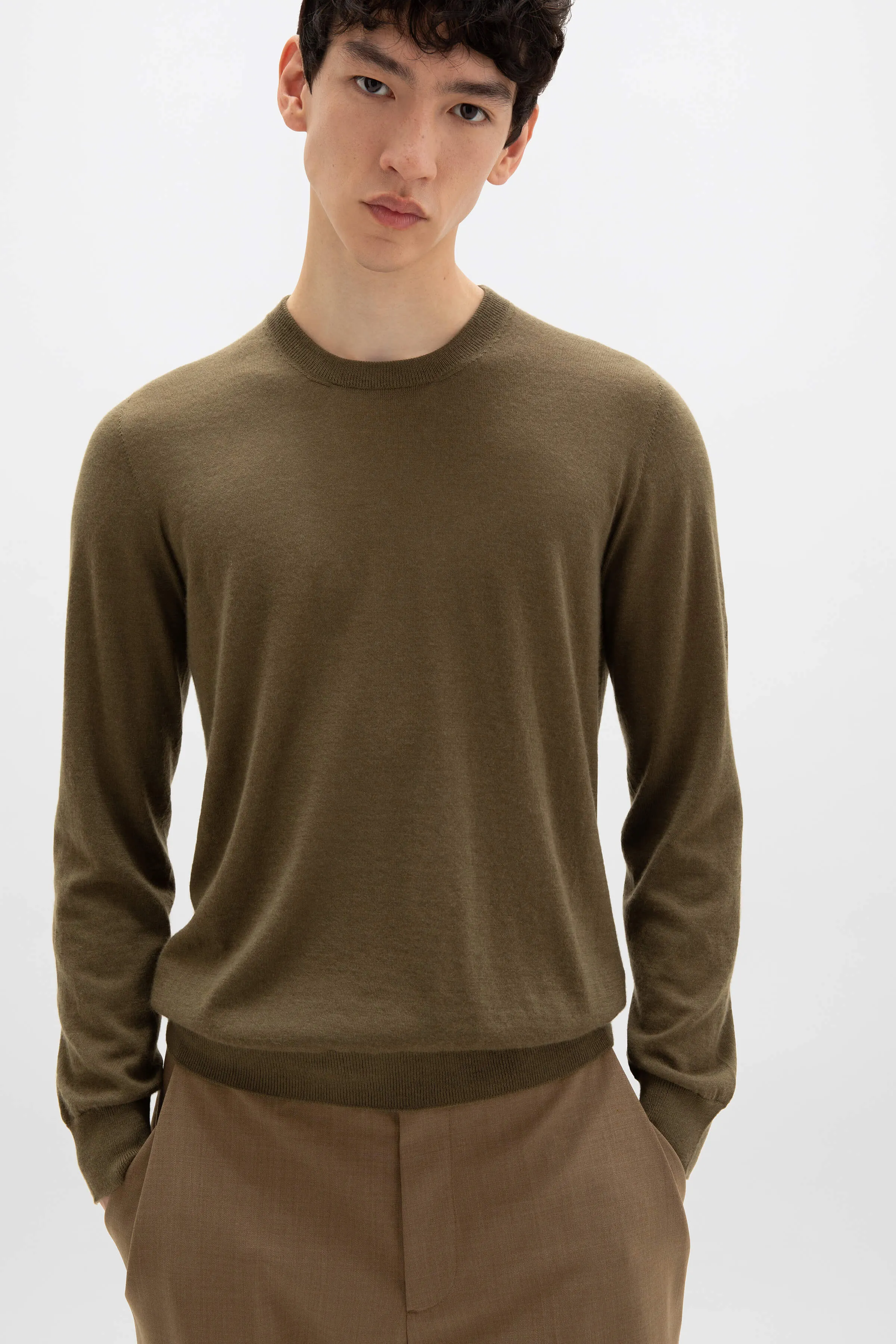 Superfine Cashmere Round Neck Olive Green Jumper sold by Johnstons of Elgin product image thumbnail 2