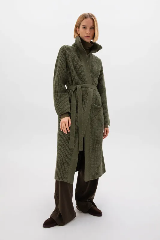 Chunky Rib Knit Olive Green Cashmere Cardigan sold by Johnstons of Elgin