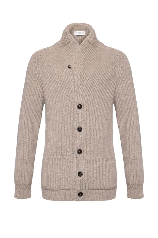 Ribbed Shawl Collar Light Brown Cashmere Cardigan sold by Johnstons of Elgin